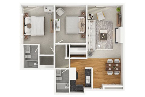 Floor plan for 2 beds, 2 baths, 940 sqft