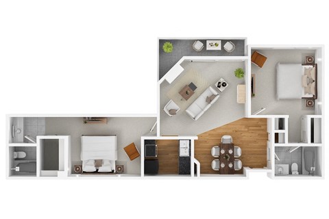 Floor plan for 2 beds, 2 baths, 939 sqft