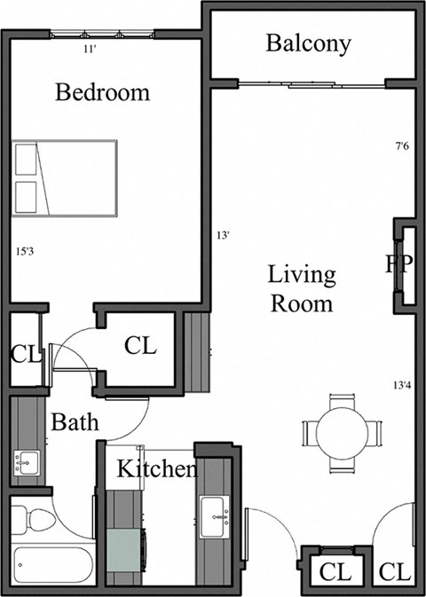 Floor plan for 1 bed, 1 bath, 700 sqft