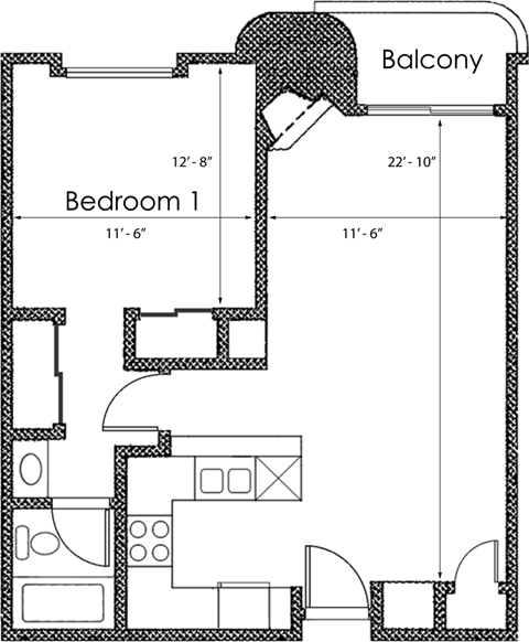 Floor plan for 1 bed, 1 bath, 636 sqft