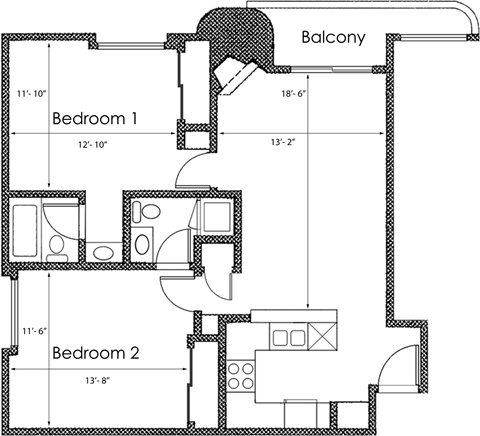 Floor plan for 2 beds, 2 baths, 833 sqft