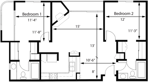 Floor plan for 2 beds, 2 baths, 918 sqft