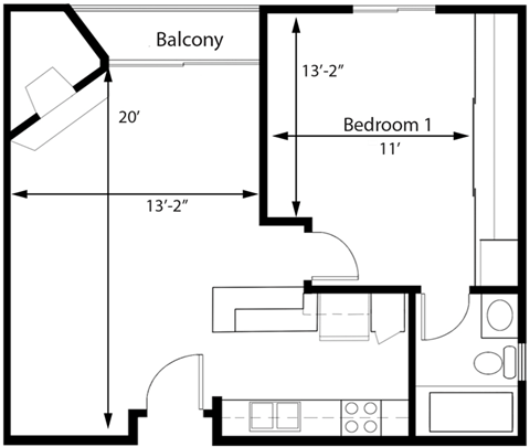 Floor plan for 1 bed, 1 bath, 650 sqft