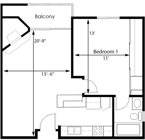 Floor plan for 1 bed, 1 bath, 650 sqft