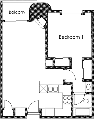 Floor plan for 1 bed, 1 bath, 636 sqft