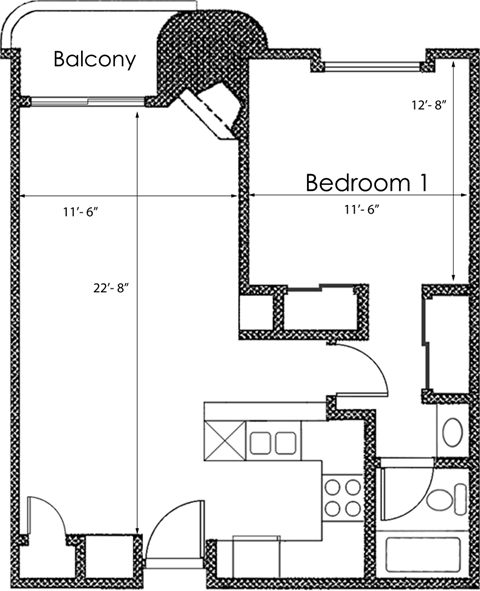 Floor plan for 1 bed, 1 bath, 636 sqft
