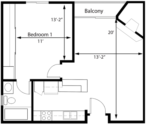 Floor plan for 1 bed, 1 bath, 650 sqft