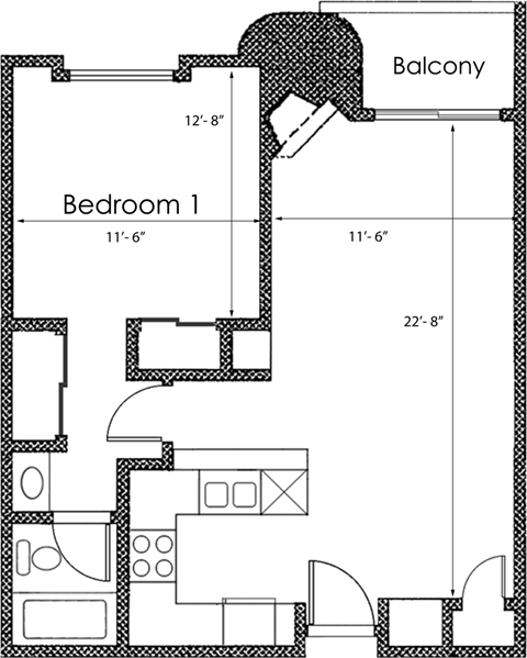 Floor plan for 1 bed, 1 bath, 636 sqft