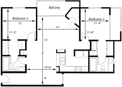 Floor plan for 2 beds, 2 baths, 1005 sqft