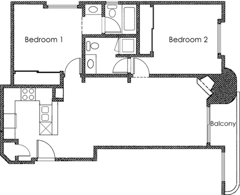 Floor plan for 2 beds, 2 baths, 889 sqft