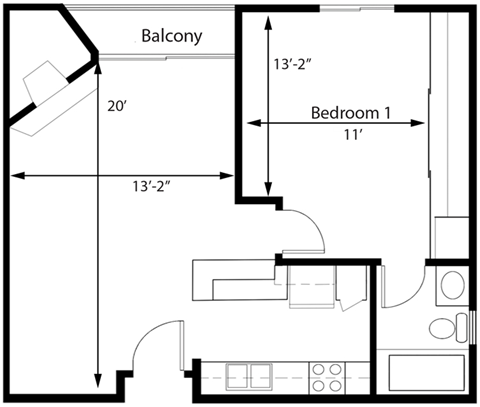 Floor plan for 1 bed, 1 bath, 655 sqft