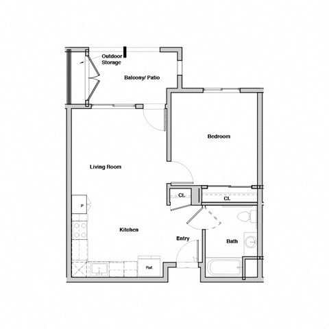 Floor plan for 1 bed, 1 bath, 586 sqft