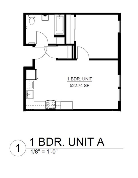 Floor plan for 1 bed, 1 bath, 523 sqft