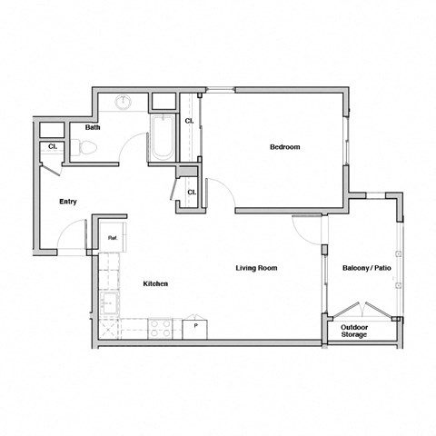 Floor plan for 1 bed, 1 bath, 675 sqft