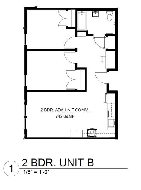 Floor plan for 2 beds, 1 bath, 743 sqft