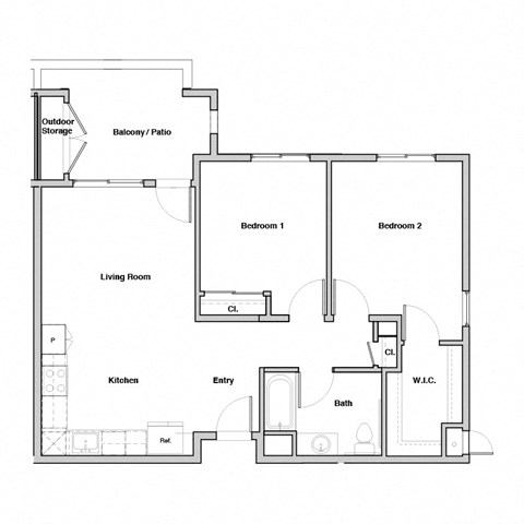 Floor plan for 2 beds, 1 bath, 849 sqft