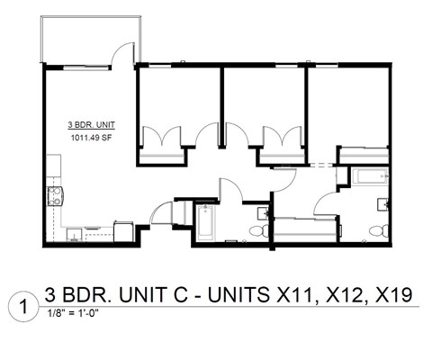 Floor plan for 3 beds, 2 baths, 1011 sqft