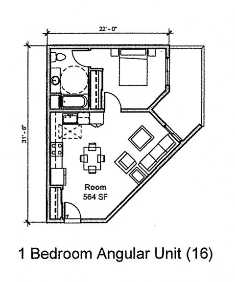 Floor plan for 1 bed, 1 bath, 611 sqft