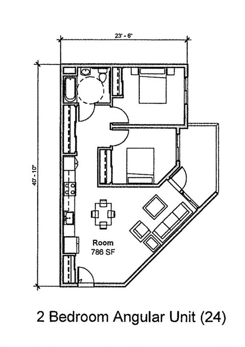 Floor plan for 2 beds, 2 baths, 866 sqft