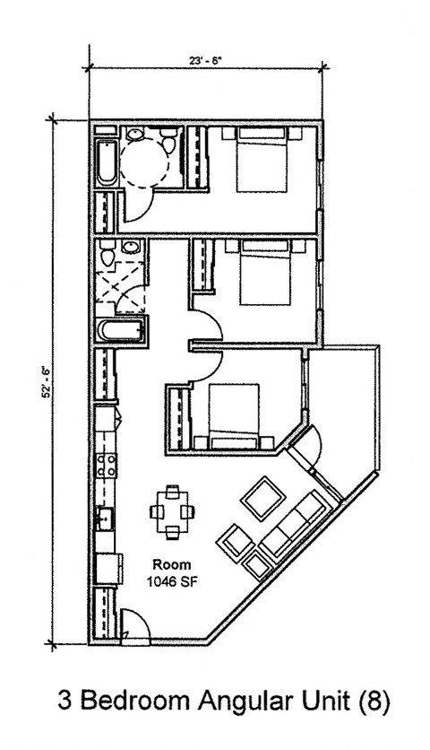 Floor plan for 3 beds, 2 baths, 1105 sqft