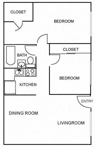 Floor plan for 2 beds, 1 bath, 667 sqft