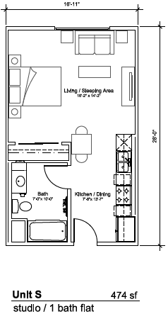Floor plan for studio, 1 bath, 474 sqft