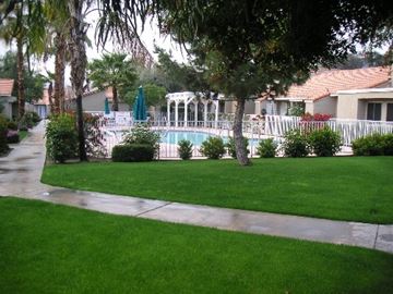 Palm Desert apartment for rent - A pool surrounded by a white fence and trees.