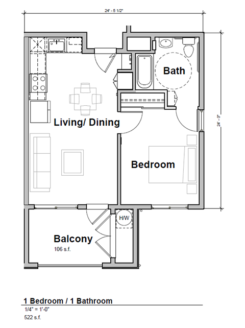 Floor plan for 1 bed, 1 bath, 522 sqft