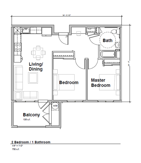 Floor plan for 2 beds, 1 bath, 750 sqft