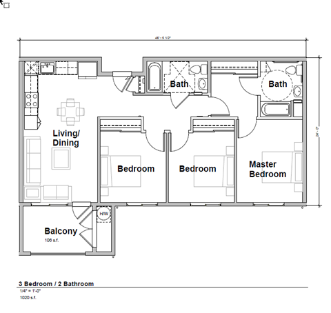 Floor plan for 3 beds, 2 baths, 1020 sqft