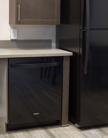 San Ysidro apartment for rent - A black refrigerator stands next to a black dishwasher in a kitchen.