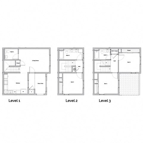 Floor plan for 3 beds, 2 baths, 1053 sqft