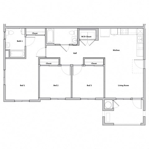 Floor plan for 3 beds, 2 baths, 1053 sqft
