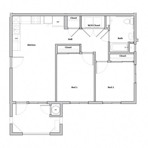 Floor plan for 2 beds, 1 bath, 764 sqft