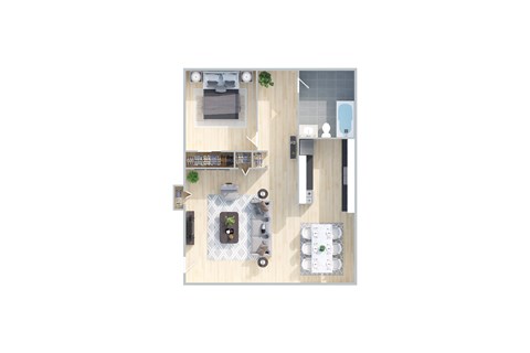 Floor plan for 1 bed, 1 bath, 722 sqft