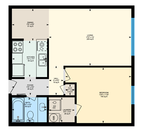 Floor plan for 1 bed, 1 bath, 660 sqft