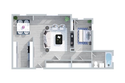 Floor plan for 1 bed, 1 bath, 750 sqft