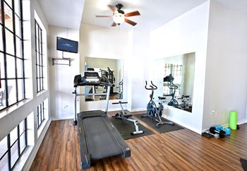 A spacious home gym with a treadmill, exercise bike, and mirror.