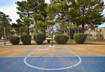 A basketball court with a hoop and net in the middle of it.