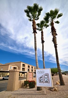 Mesa apartment for rent - A sign for Ventana Estates is in front of a building and some trees.