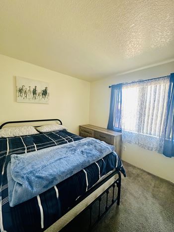 Bedroom with a bed and window with curtains