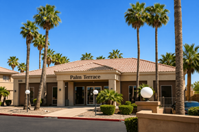 Chandler apartment for rent - The image shows a building with the name "Palm Terrace" on it, surrounded by palm trees.