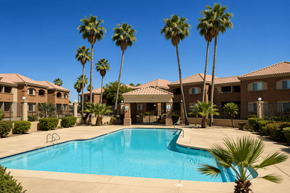 Chandler apartment for rent - A swimming pool surrounded by palm trees and apartment buildings.