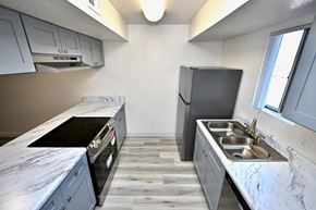 Mesa apartment for rent - A kitchen with a black stove top oven and a black refrigerator.