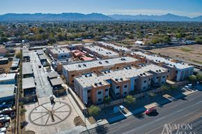 Phoenix apartment for rent - Avalon Village is a large, well-organized community with a central fountain and a variety of buildings.