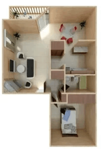 Floor plan for 1 bed, 1 bath, 683 sqft