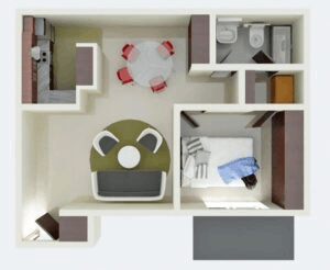 Floor plan for 1 bed, 1 bath, 697 sqft