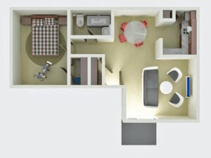Floor plan for 1 bed, 1.5 baths, 937 sqft