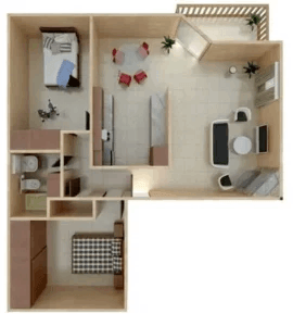 Floor plan for 2 beds, 1 bath, 879 sqft