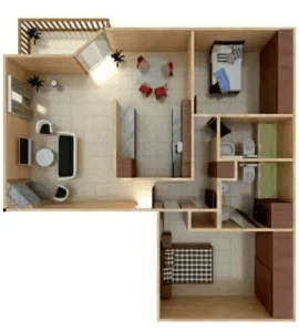 Floor plan for 2 beds, 2 baths, 961 sqft